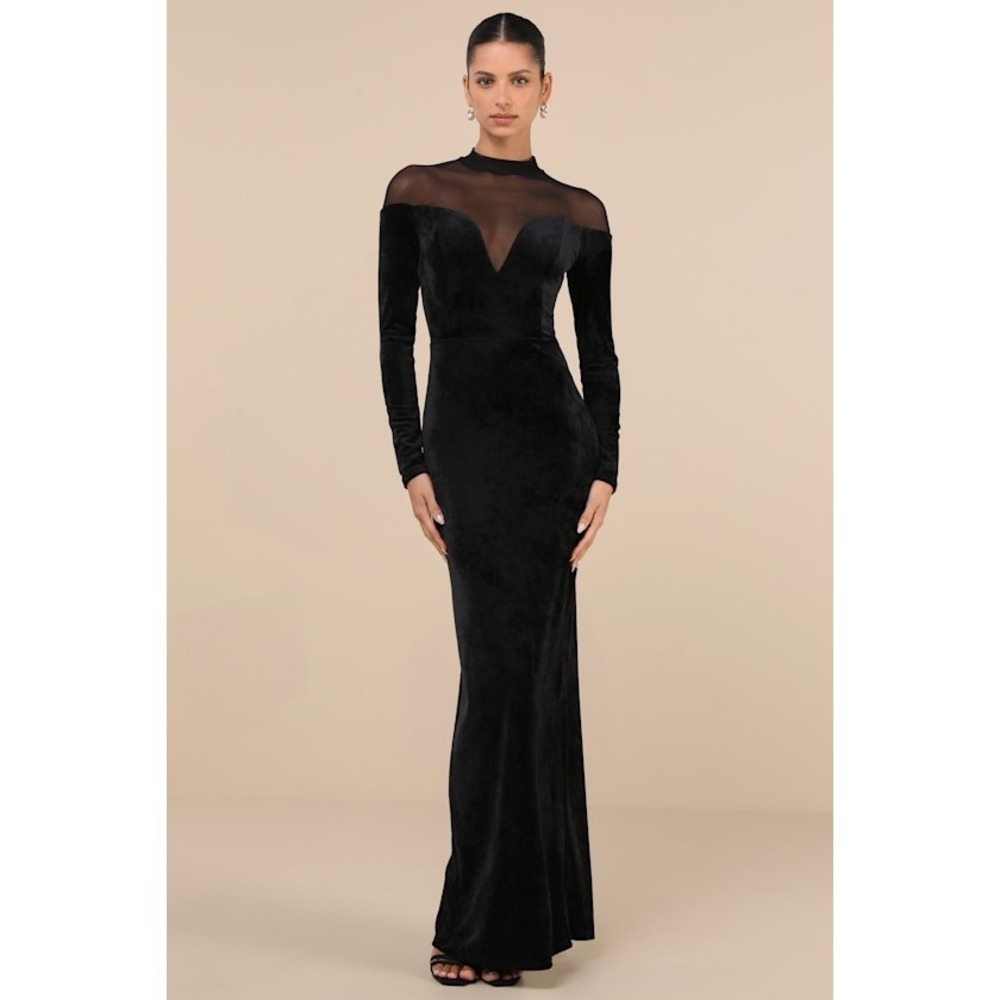 Lulus Exemplary Allure Black Velvet Mock Neck Long Sleeve Maxi Dress - Size L